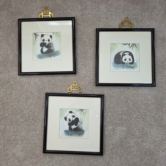 Other - Vintage Set of 3 Framed Panda Prints Chinoiserie Brass Pagoda Hanger 8x8 zoocore